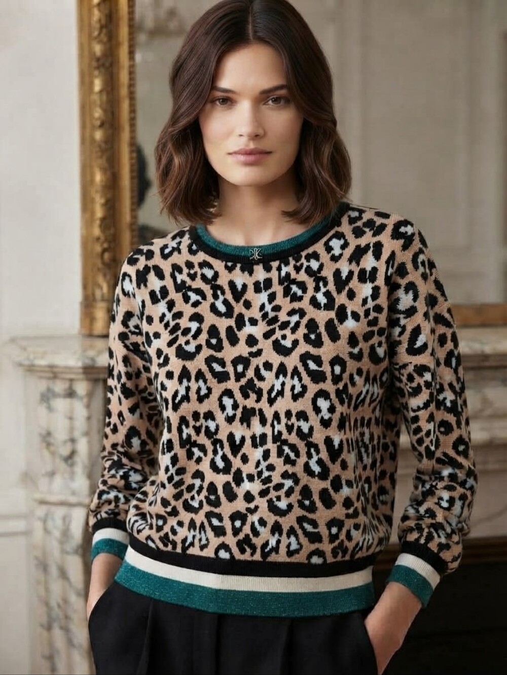 LIU JO Leopard Print Metallic Trim Knit Sweater Size Small